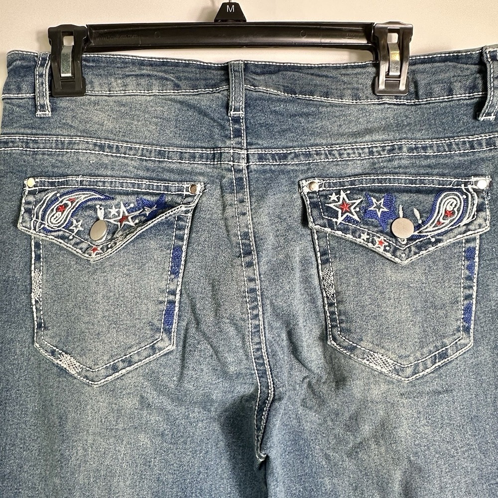 Womens Size XL 32x32 Patriotic Embroidered Pocket Bootcut Jeans Medium Wash Y2K